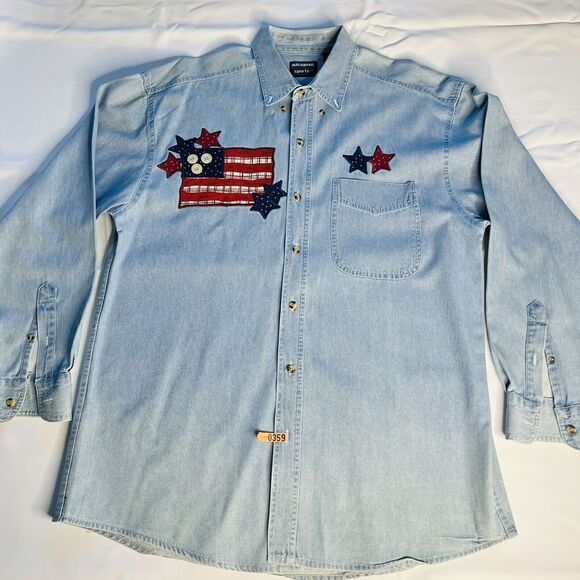 Patriotic Outrageous Sport Men Denim Button Down Shirt Blue Embroidered Cotton L - Picture 3 of 13